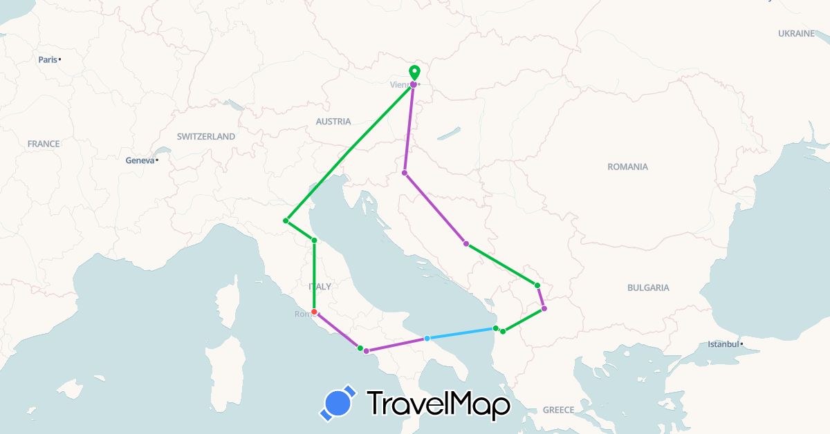 TravelMap itinerary: driving, bus, train, hiking, boat in Albania, Austria, Bosnia and Herzegovina, Croatia, Italy, Macedonia, San Marino, Vatican City, Kosovo (Europe)